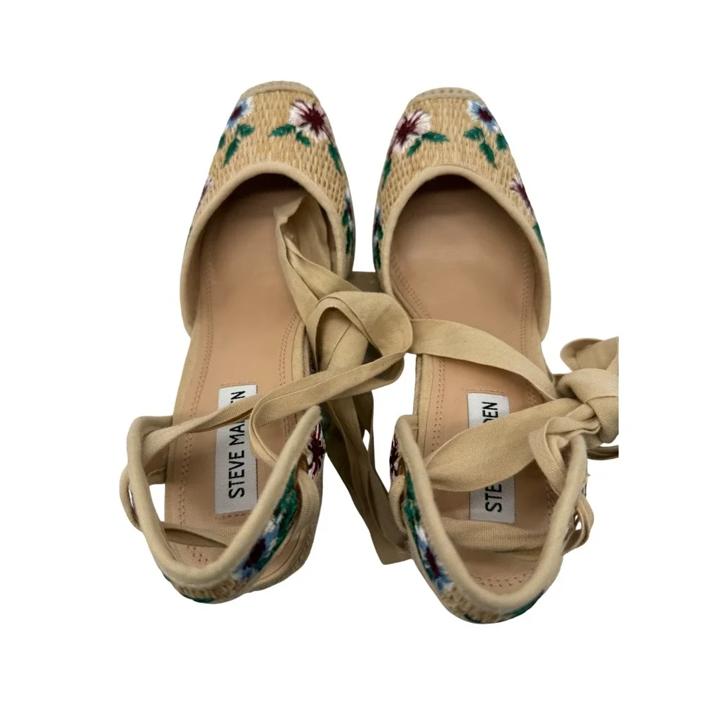 Steve Madden Vero Espadrille Wedges Womens 8.5M Tan New Floral Embroidery
